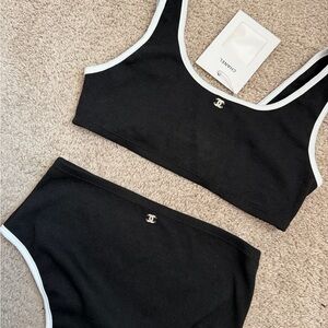 CHANEL Black Ribbed Bikini Set with White Trim and Gold CC Charm
